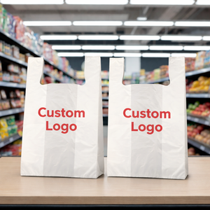 Sacs de courses en plastique HDPE/PE écologiques personnalisés OEM, prix usine, jetables, imprimés « Merci », option à emporter - Product Image 1