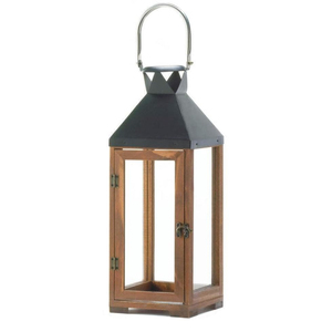 Wholesale Brown Wood and Black Metal <b>Candle</b> Lantern Tall Decorative <b>Hurricane</b> Lamp with Hinged Stainless Steel Handle for Indoor - Product Image 1