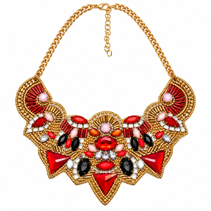 Handmade Embroidered Necklace with Pink and Turquoise Beads, Gold Floral Details, Statement Bib Jewelry for Wholesale Fashion - Product Image 4