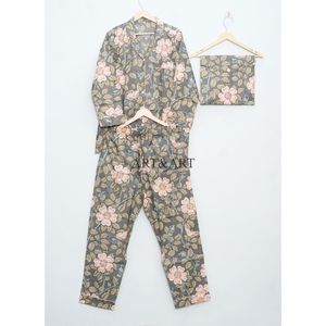 Conjunto de Pijama Casual para Mujer, Multicolor, Estampado Floral a Mano, 100% Algodón, Camisa de Manga Larga y Pantalones Tejidos, para Verano - Product Image 3