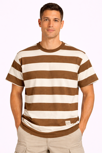 Camiseta de cuello redondo a rayas para hombre Heritage Brown, camiseta informal de algodón suave, esencial para el verano, de manga corta, ofrece comodidad duradera - Product Image 1