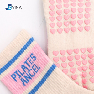 <b>Custom</b> Logo White <b>Socks</b> With Blue and Pink Stripes Anti-Slip <b>Grip</b> Bottom For Yoga And Pilates Activities Spring Season Wear - Product Image 2
