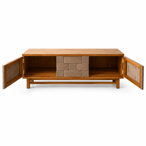 Buffet multifonction moderne de luxe en teck massif avec portes et tiroirs en rotin, style mi-siècle, pour rangement de salon - Product Image 5