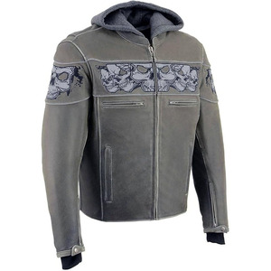 SAMROZ SPORTS Men's Distressed Grey Leather <b>Jacket</b> with Reflective Skulls - Product Image 1