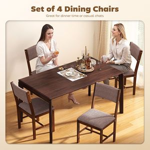 Set di 4 Sedie da Pranzo Moderne Marroni in Tessuto di Lino con Gambe in Legno di Gomma per Sala da Pranzo e Soggiorno - Product Image 4