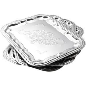 Plateau de service rectangulaire en métal poli avec bord festonné orné, finition miroir argentée élégante, plateau pour servir les aliments et les boissons - Product Image 3