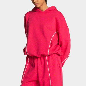 Custom Berry Red Leopard Print Oversized Contrast Pipping Women <b>Tracksuit</b> Pullover Contrast Lining Hoodie & Jogger For Women's - Product Image 5