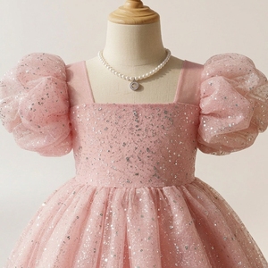 Vestido de niña con flores y purpurina rosa de la colección Tutupetti Lumirelle, vestido de princesa con mangas abullonadas para fiesta de cumpleaños, fabricante OEM ODM - Product Image 4