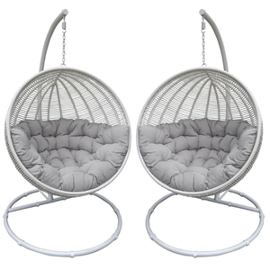White Wicker <b>Hanging</b> Egg <b>Chair</b> with Gray Cushion and Stand for Outdoor Patio Swings - Product Image 6