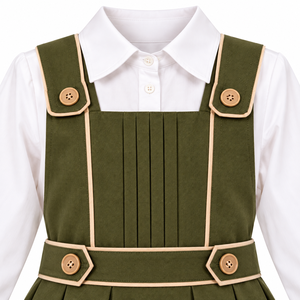 Girls Olive Green Pinafore Dress <b>White</b> Long Sleeve Blouse <b>Pleated</b> <b>Skirt</b> Button Detail Elegant School Uniform 100% Polyester - Product Image 2
