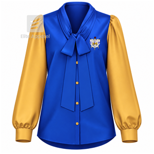 Blusa de satén de la hermandad Sigma Gamma Rho con cuello de lazo y logotipo bordado, manga abullonada, blusa azul y dorada a la moda para mujer - Product Image 1
