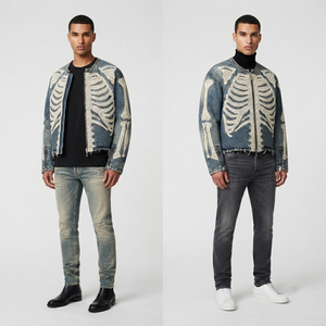 Veste en jean personnalisée pour homme, motif squelette, brodée, patchwork, délavée, effet vieilli, ourlet brut, vintage, zippée, style motard, streetwear Y2K - Product Image 4