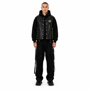 Chaleco de Motociclista Cyberpunk para Hombre, Cuero Vacuno Genuino de 1.0 mm, Poliéster Satinado, Detalles Neón Bordados a Mano, Cierre con Cinturón - Product Image 1