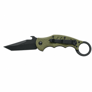 Navajas plegables Tanto Blade con hoja de acero con revestimiento negro, mango texturizado verde oliva, anillo para el dedo y clip para actividades al aire libre. - Product Image 2