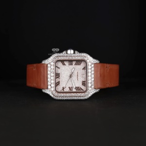 นาฬิกาข้อมือผู้ชายแบบอัตโนมัติ ดีไซน์ฮิปฮอป ประดับเพชรโมอิสซาไนต์ ตัวเรือนทรงเหลี่ยม หน้าปัดแบบโรมัน สายหนังสีน้ำตาล  แบบสั่งทำพิเศษ - Product Image 5