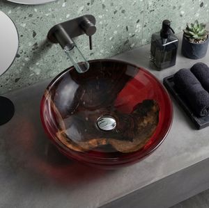 Lavabo de salle de bain en acrylique rouge et bois artisanal avec incrustation en bois d'olivier, pour comptoir moderne - Product Image 2