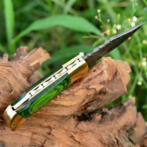 มีดพับเหล็กดามัสกัส ด้ามไม้ปักก้า ปลอกหนัง ODM OEM พกพา EDC สำหรับล่าสัตว์ ตั้งแคมป์ คุณภาพระดับอุตสาหกรรม - Product Image 6