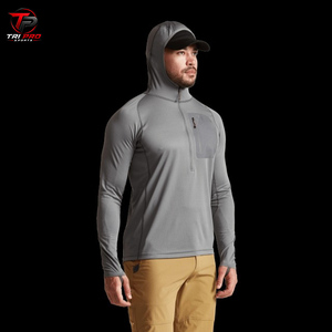 Sudadera con capucha de caza para hombre, ligera, de alto rendimiento, gris sólido, con cremallera de un cuarto, capucha con máscara facial integrada y cierre vertical en el pecho. - Product Image 5