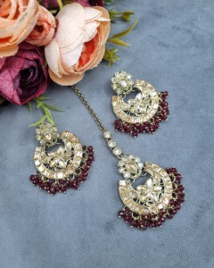 Handcrafted Crystal Beaded Choker Necklace <b>Set</b> With Chandbali Earrings And Mangtika Ethnic Wear Designer <b>Jewellery</b> <b>Set</b> Wholesale - Product Image 6