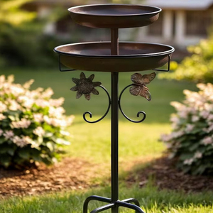 Mangeoire à oiseaux d'extérieur en fonte à double niveau, station d'eau et de nourriture, bain pour oiseaux sauvages avec support en fer, bain à oiseaux en cuivre - Product Image 2