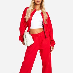 Women's <b>Pink</b> Two-Piece <b>Tracksuit</b> <b>Set</b> Crop Top With Zipper Full Sleeve Knitted Polyester Regular Fit Solid Color Casual Wear - Product Image 5