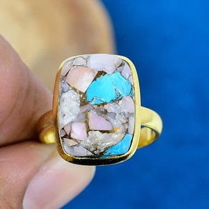 Handmade Pink Opal Copper Turquoise Cushion Shape Gemstone Rings 18k Gold Microne Over 925 Sterling Silver - Product Image 2