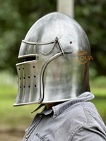 Authentique Casque Barbute Médiéval Renaissance en Fer Poli Calibre 18 avec Visière Détachable, Armure Historique Fonctionnelle pour Noël
