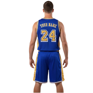 Conjunto de uniforme de baloncesto personalizado para hombre, camiseta sin mangas con cuello en V, estampado con nombre y número, pantalones cortos con paneles laterales en contraste, secado rápido y transpirable - Product Image 2