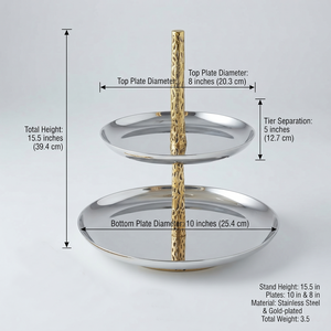 Support à gâteau en métal à 2 niveaux, finition argentée polie, avec pilier doré texturé, idéal pour la restauration de luxe du Ramadan - Product Image 3