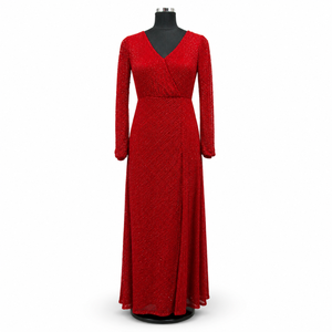 Robe de soirée élégante rouge à paillettes |   Robe longue de soirée formelle à manches longues, col en V, coupe trapèze, style portefeuille, dos ouvert, pour femme - Product Image 1