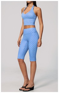 wholesale Blue Dot Print Yoga Set Halter <b>Crop</b> <b>Top</b> High Waist Knee Length Leggings Breathable Spandex Polyester 2 Piece - Product Image 3