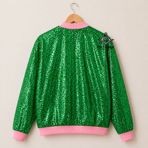Custom Letterman <b>Sequin</b> Embroidery In Green Ladies Baseball Varsity <b>Jacket</b> | Sorority Greek Apparel By Heritage Masonic Regalia - Product Image 2
