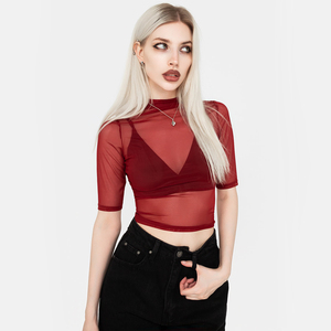 Wholesale Women's Fashion Wear 100% Polyester Mesh <b>Tops</b> Women Shorts Sleeves <b>Mock</b> <b>Neck</b> Cropped Slim Fit Mesh T Shirts - Product Image 1