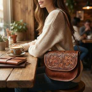 Bolso Bandolera Multifuncional de Cuero Genuino 100% para Mujer, Estilo Vintage, Ligero, con Solapa Floral, Casual y de Negocios - Product Image 6