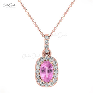 Handmade 14k <b>Solid</b> <b>Gold</b> Natural 7x5mm Oval Cut Pink Sapphire & Diamond Halo <b>Pendant</b> Wholesale Wedding <b>Pendant</b> Jewelry Supplier - Product Image 3
