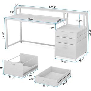 Bureau informatique ergonomique de 63 pouces avec tiroir de rangement, support d'écran et espace pour imprimante, finition bois élégante - Product Image 4