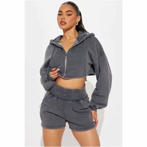 Women's Gray Fleece Hooded Crop Top Shorts <b>Set</b> Casual Two Piece Outfit Loose Fit Spring Summer Solid Color Knitted Sweatwear - Product Image 5