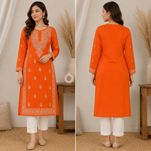 Kurti droit en coton brodé à la main style Lucknowi Chikankari, simple et élégant, tunique ethnique pour femme, Kurti orange - Product Image 4