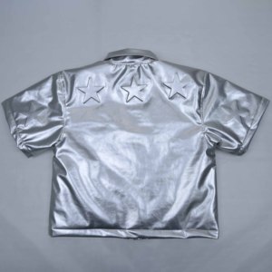 Premium Quality Custom Men's <b>Silver</b> PU Bomber <b>Jacket</b> Star Embossed Zipper Front Streetwear Short Sleeve Turn-down Collar <b>Jackets</b> - Product Image 6