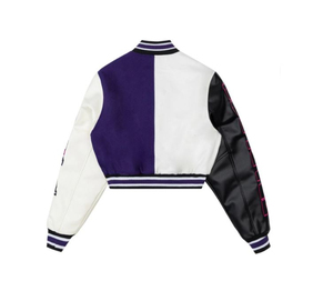 Blouson universitaire violet et blanc pour femme, manches longues, avec patchs lettres, col rabattable, boutonnage, coupe courte, vêtement d'extérieur automne - Product Image 4