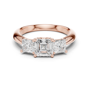 Anillos de Diamantes Cultivados en Laboratorio con Corte Princesa y Dos Piedras Laterales Estilo Clásico Asscher, Elaborados con Oro Rosa Sólido de 14k - Product Image 1