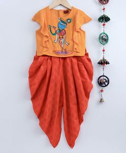 Ensemble de vêtements pour filles, chemisier à manches bouffantes imprimé avec pantalon dhoti, tenue ethnique festive traditionnelle pour enfants, ensemble de vêtements pour fête - Product Image 1