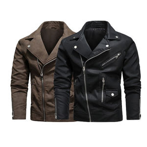 Veste de moto en cuir PU pour homme, coupe ajustée, col rabattu, fermeture éclair, couleur unie, vêtement d'automne - Product Image 1