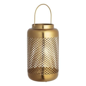 Lanterne décorative fantaisie de style marocain en métal doré avec poignée, finition laiton antique, porte-bougie ajouré pour table de maison - Product Image 1