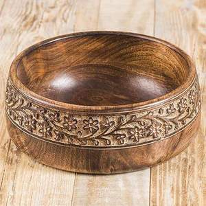 Bol en bois fait main avec motif floral sculpté, style chinois traditionnel, pour servir les aliments, en bois naturel non traité - Product Image 1
