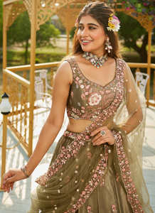 Designer Olive Green Embroidered Semi-Stitched Lehenga Choli with Soft <b>Net</b> <b>Dupatta</b> - Product Image 3