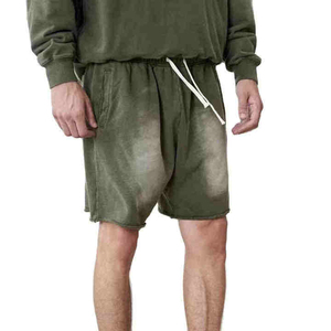 Shorts de jogging pour hommes en coton French Terry délavé à l'acide, ourlet brut, style vintage, streetwear, respirant et antibactérien – Meilleures ventes - Product Image 1
