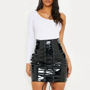 Minifalda Negra con Cordones, de Cuero Genuino, Corte en A, 100% Poliuretano, Casual, Transpirable, Nuevo Estilo para Mujeres Adultas - Product Image 5