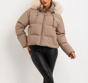 Women's High Quality Breathable Canvas Quilted Puffer <b>Jacket</b> <b>Fur</b> Hood Zipper Closure Winter <b>Short</b> Coat Lightweight Polyester - Product Image 1