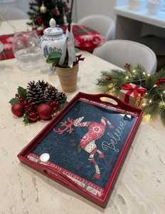 Wooden Customized Red Rectangle Serving Tray With Enamel Reindeer Pattern And Home Decor Dining Tray Multi Purpose Tray By UO - Product Image 1